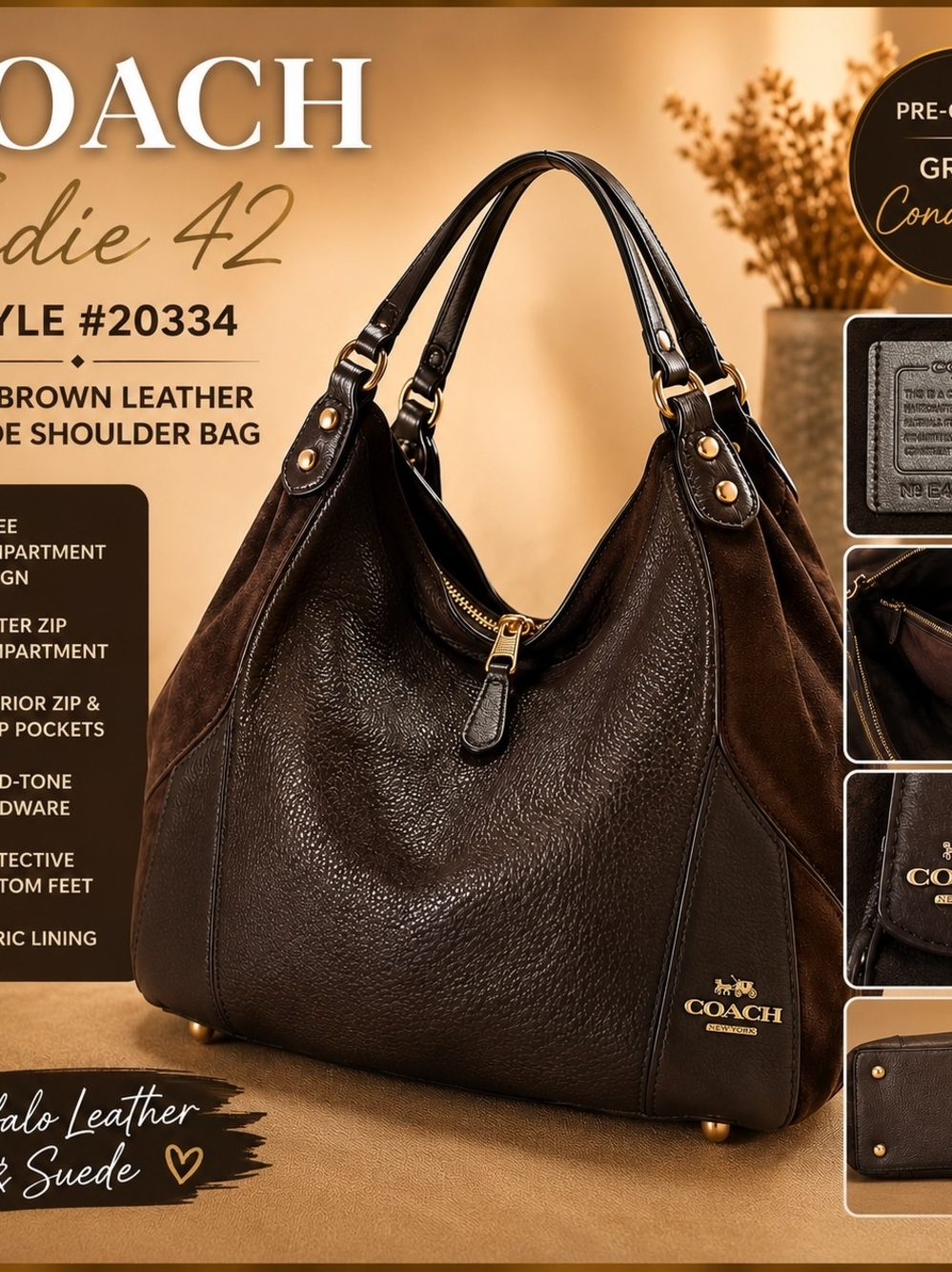 Coach Dark Brown Leather & Suede Shoulder Bag with Gold Hardware